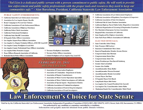 Click here to display a larger image of the back side of Ted Lieu's campaign mailer with 36 government employee union endorsements and 38 counterfeit badges which are actually union logos.